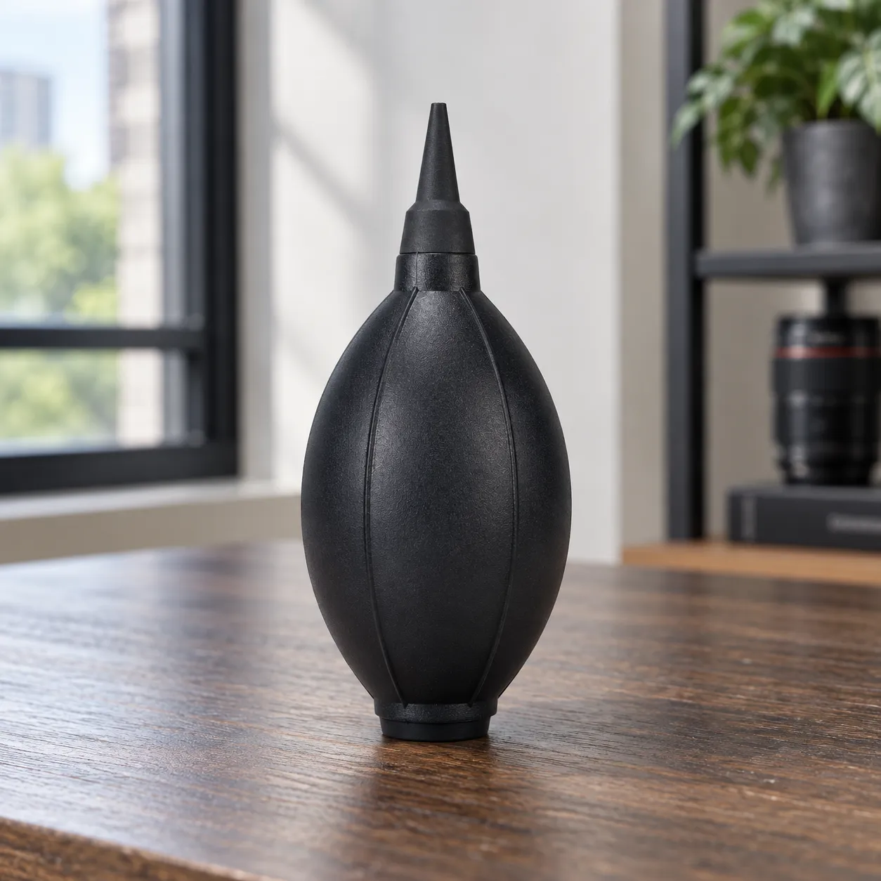 Black short-nozzle silicone air blower standing on a worktable