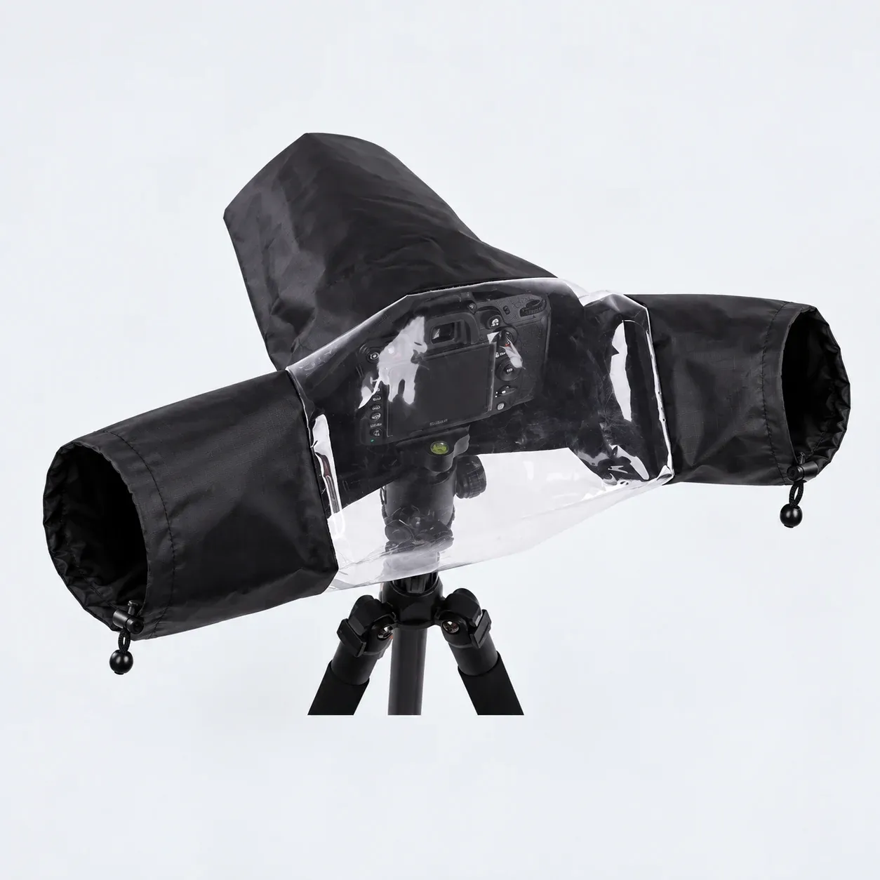 Rain cover rear panel and access sleeves; camera and tripod are not included