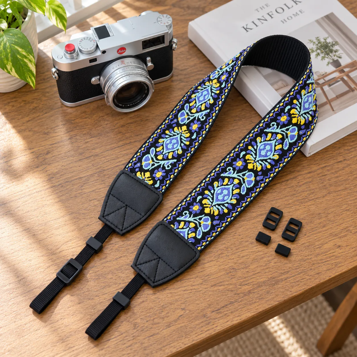 blue embroidered camera neck strap: alternate view