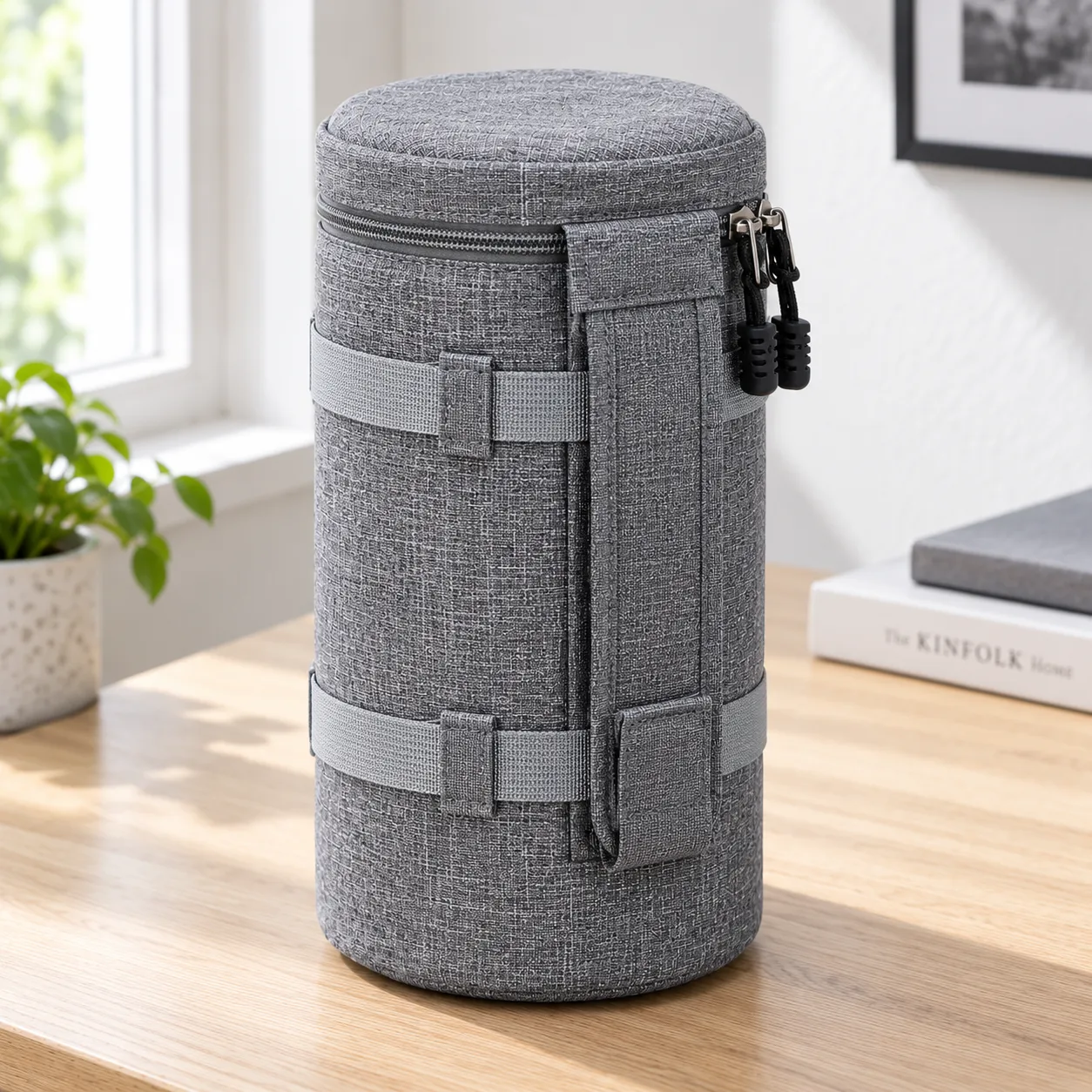 G125230 large gray cylindrical zippered lens case: alternate view; props not included