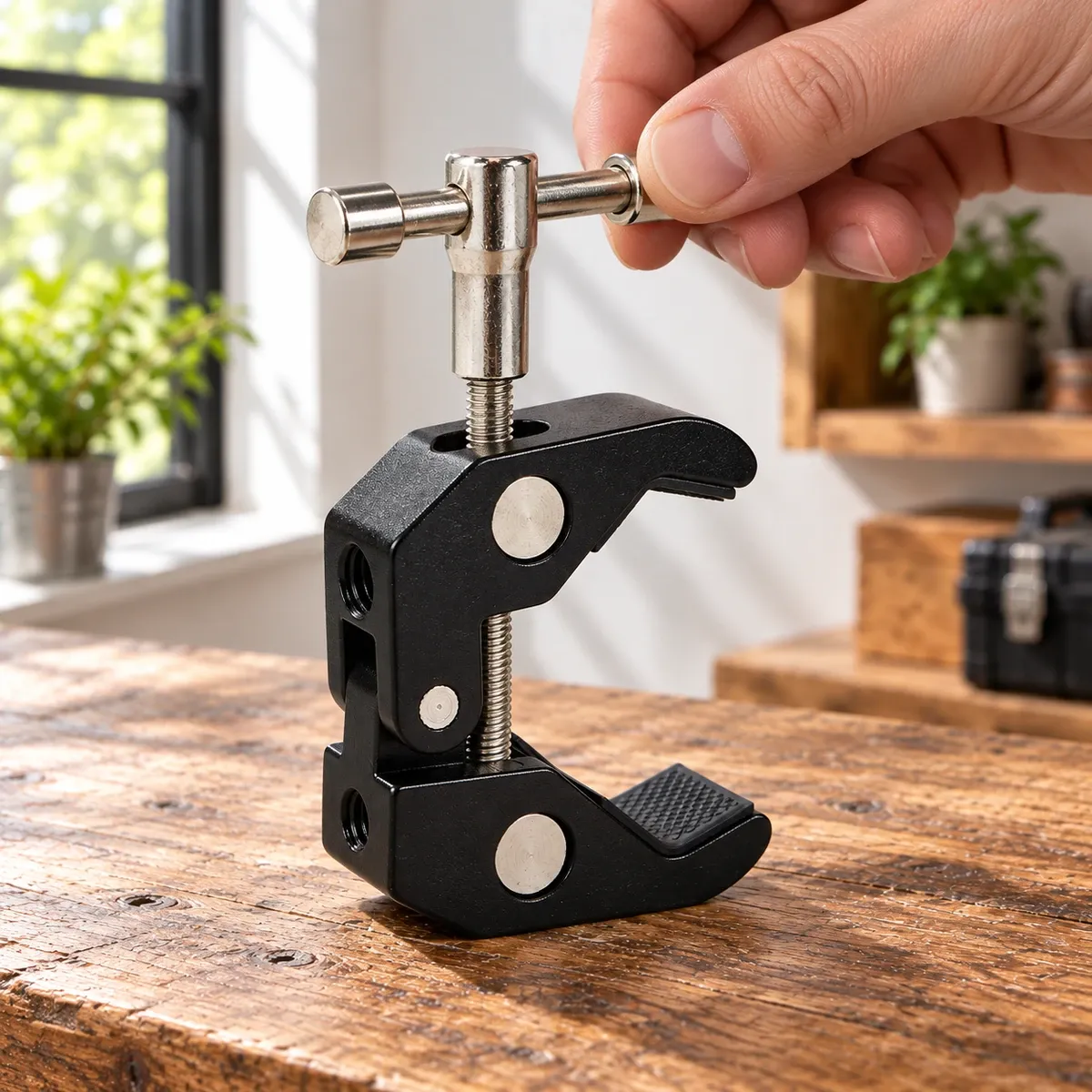 T Handle Studio Clamp: setup and scale; scene props excluded