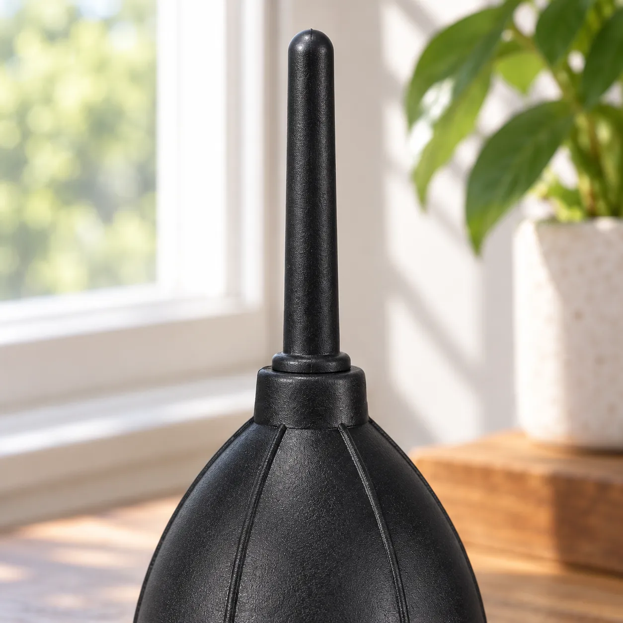 manual silicone camera air blower with long soft nozzle: detail view
