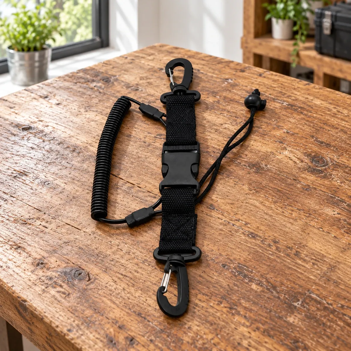 Coiled Camera Tether: Black coiled camera tether