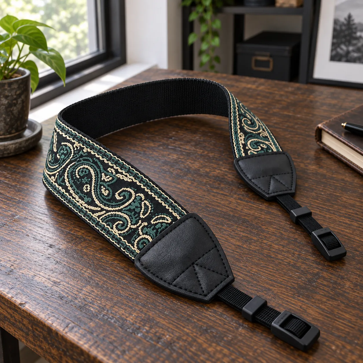 Paisley stitching, cowhide end tab and webbing adjuster in close view