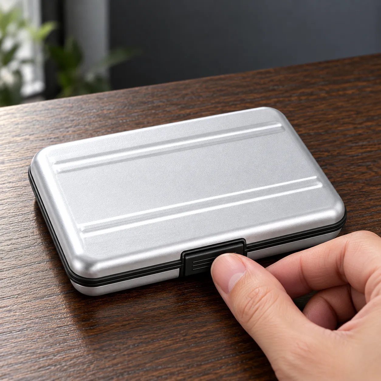 Aluminum Memory Card Case in Silver: in use; styling props not included