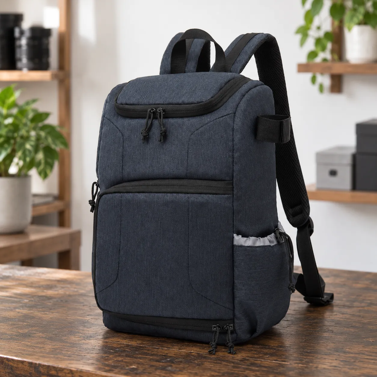 Edwin Camera Backpack Blue — lead view; demonstration equipment is not included