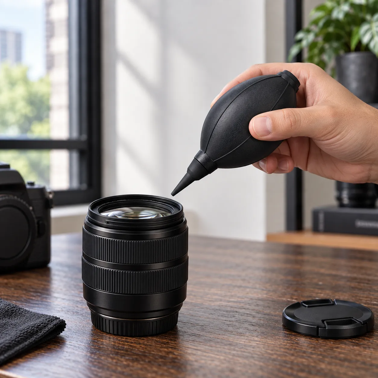 Hand holding the blower near a camera lens; camera equipment is not included