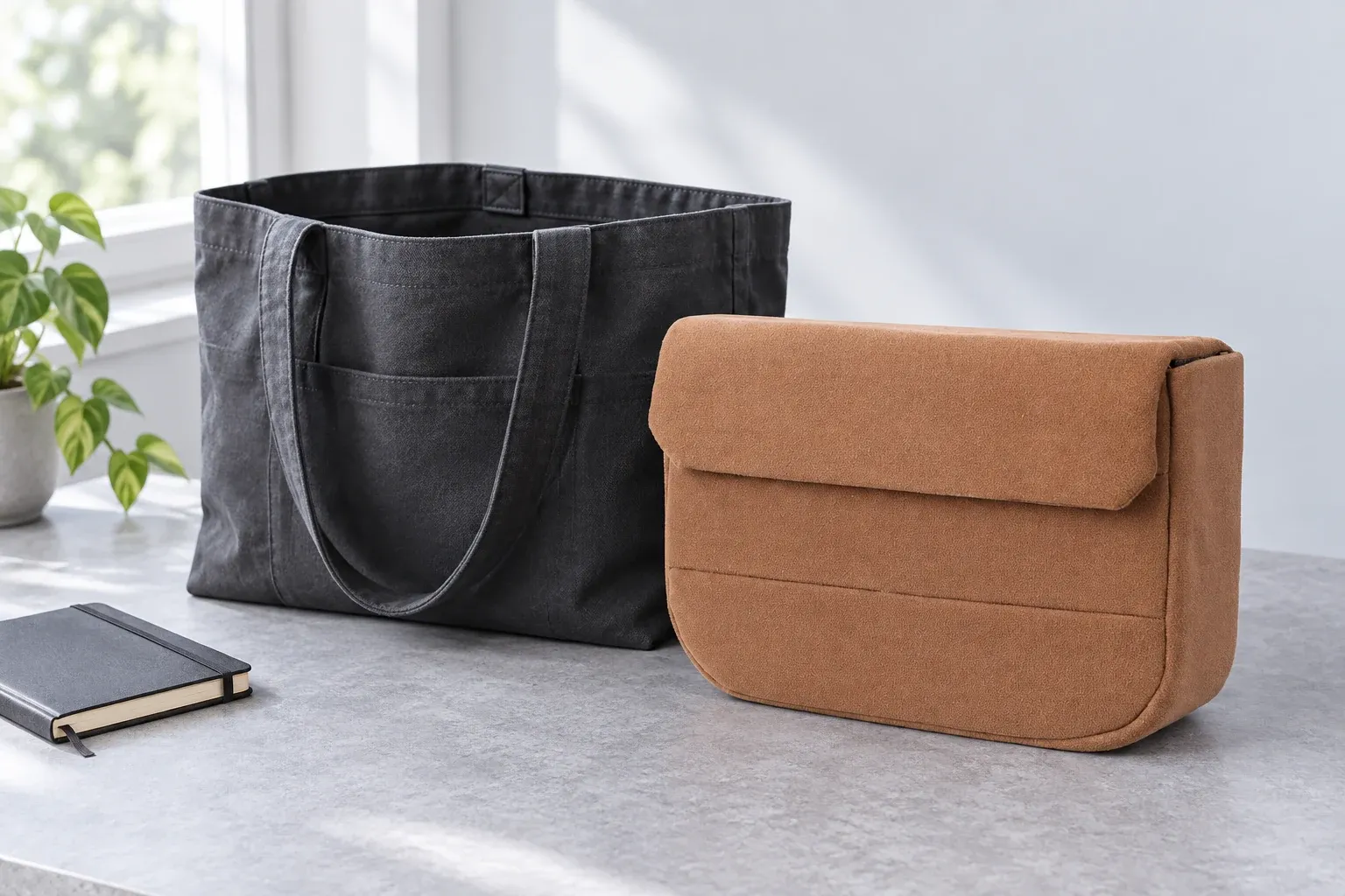Closed brown camera insert beside a charcoal tote; tote and notebook are not included
