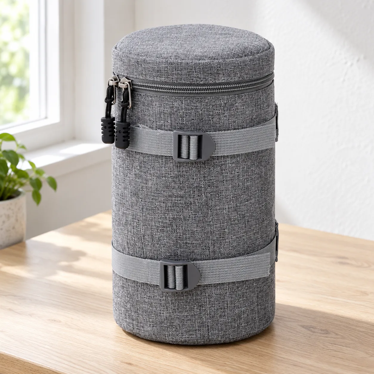 G125230 large gray cylindrical zippered lens case: lead view; props not included