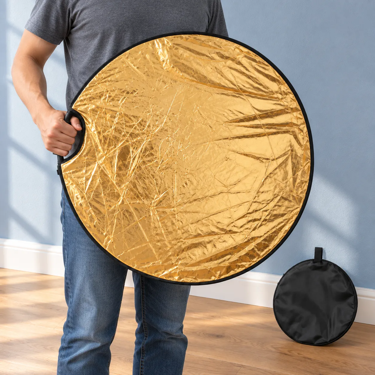 Folding Light Reflector in Gold / Silver: in use; styling props not included