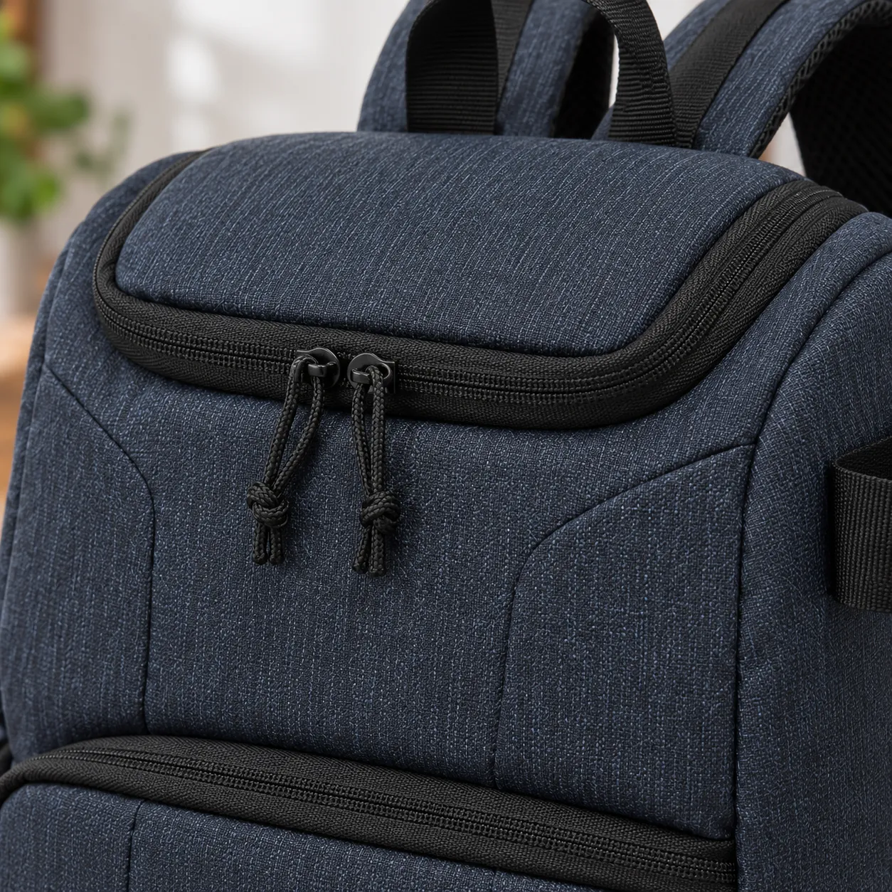 Edwin Camera Backpack Blue — detail view; demonstration equipment is not included