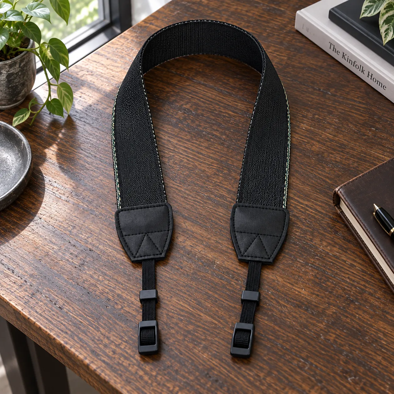 Plain black woven reverse of the camera strap