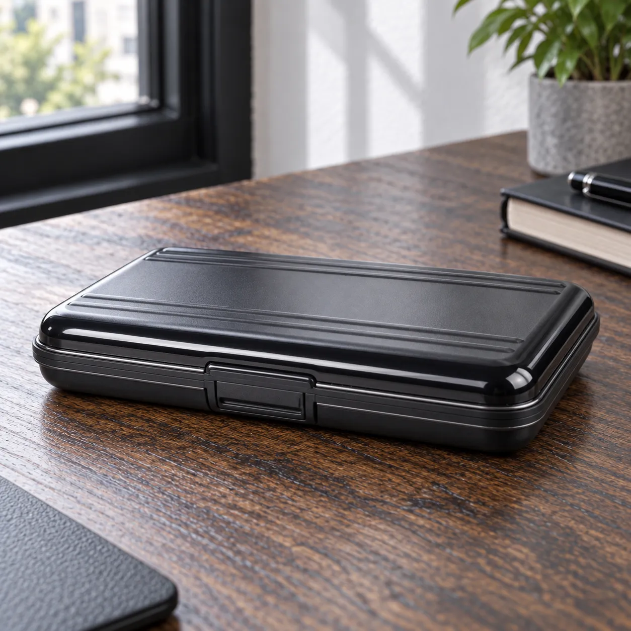 Close frontal view of the card case clasp and thin edge