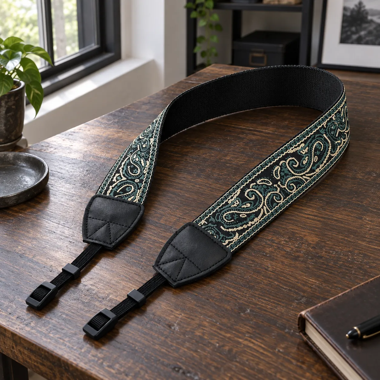 Deep-green paisley camera strap with black stitched tabs and adjustable ends