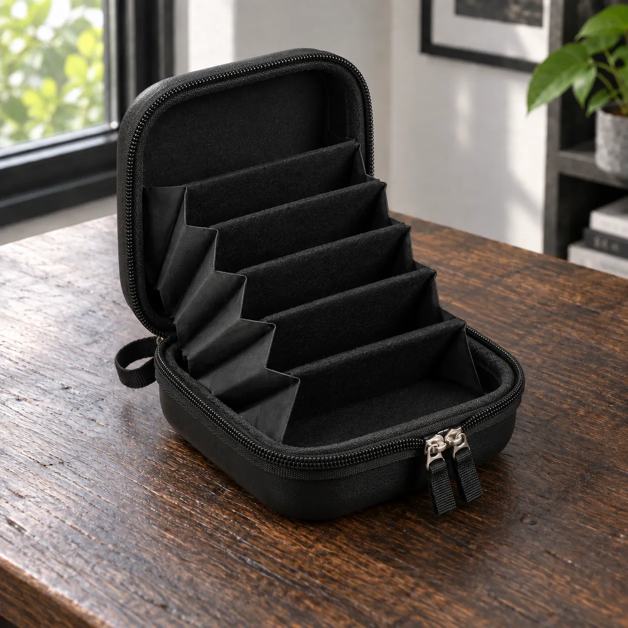 Open empty case showing the five-space accordion divider