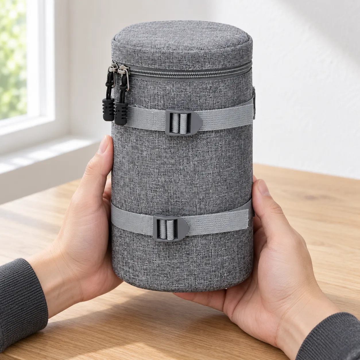 G125230 large gray cylindrical zippered lens case: use view; props not included