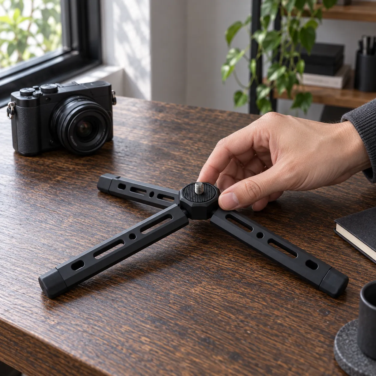 Hand at the tripod collar; the separate camera is not included