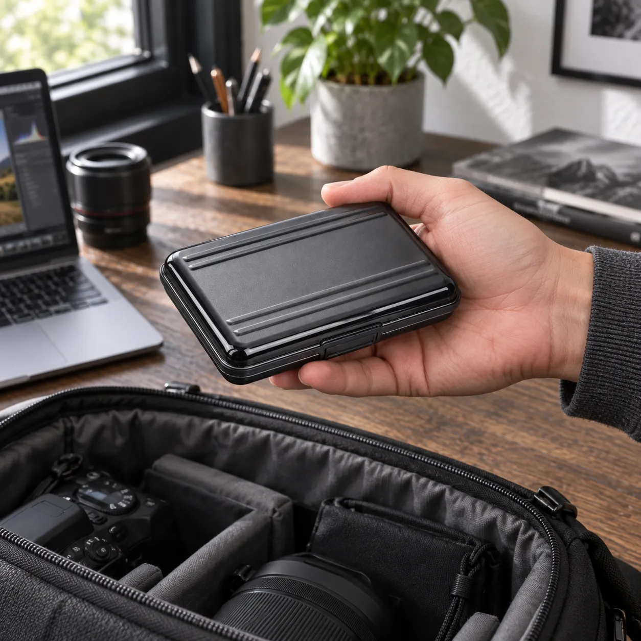 Black card case held in an adult hand; camera bag and gear are not included