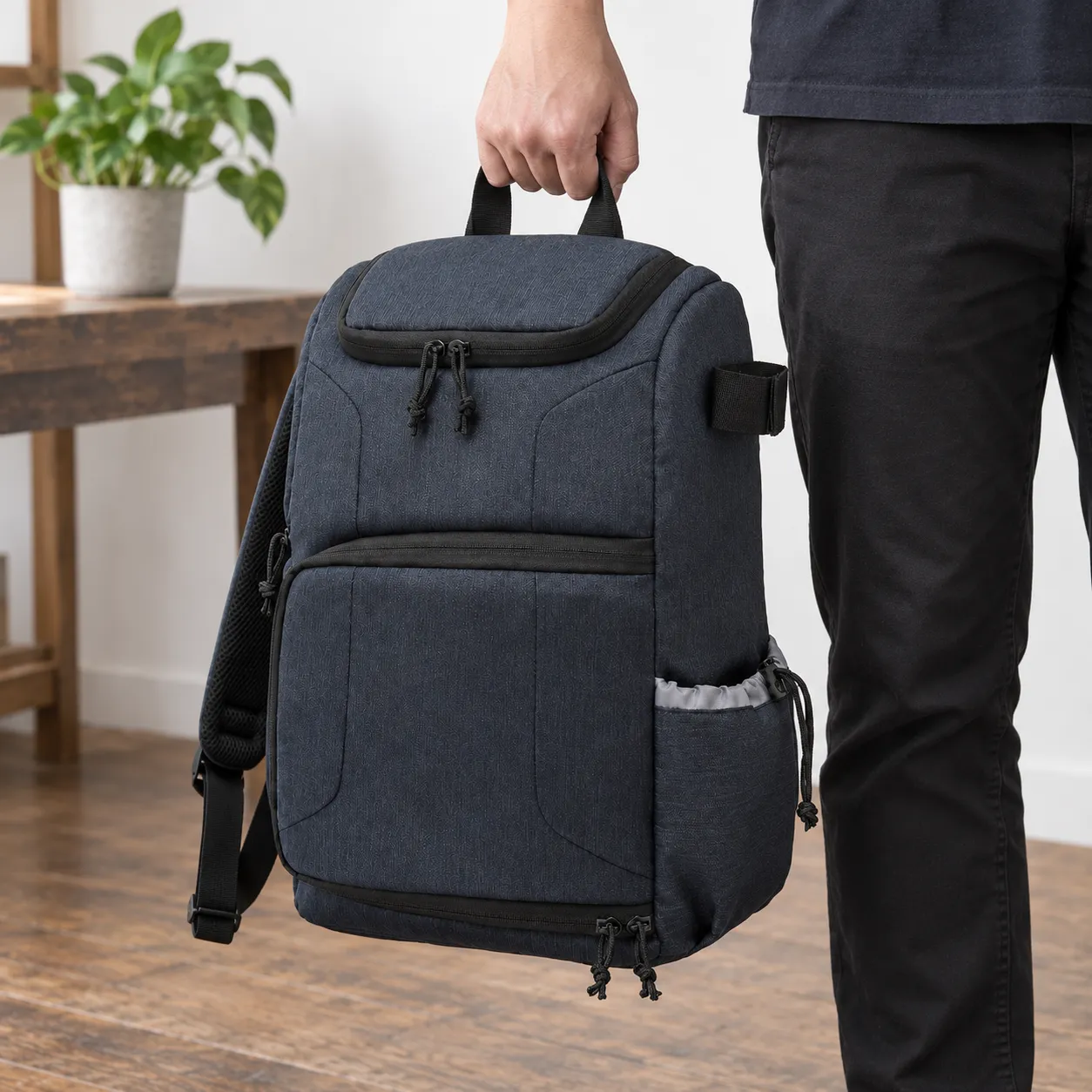 Edwin Camera Backpack Blue — use view; demonstration equipment is not included
