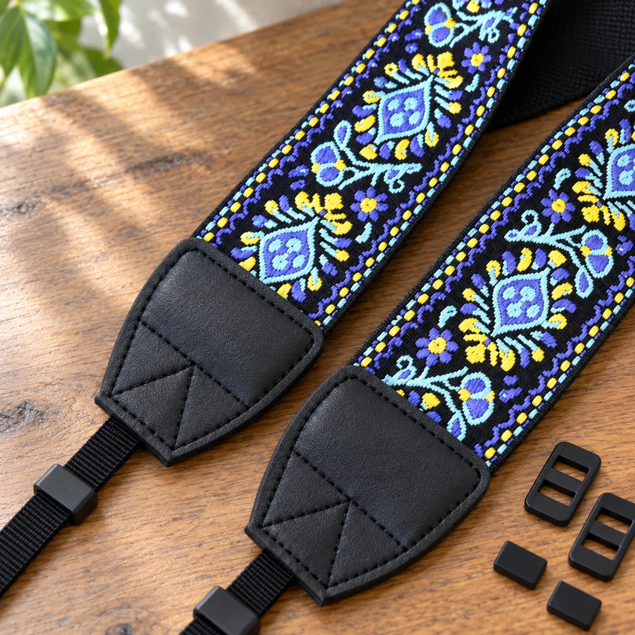 blue embroidered camera neck strap: detail view
