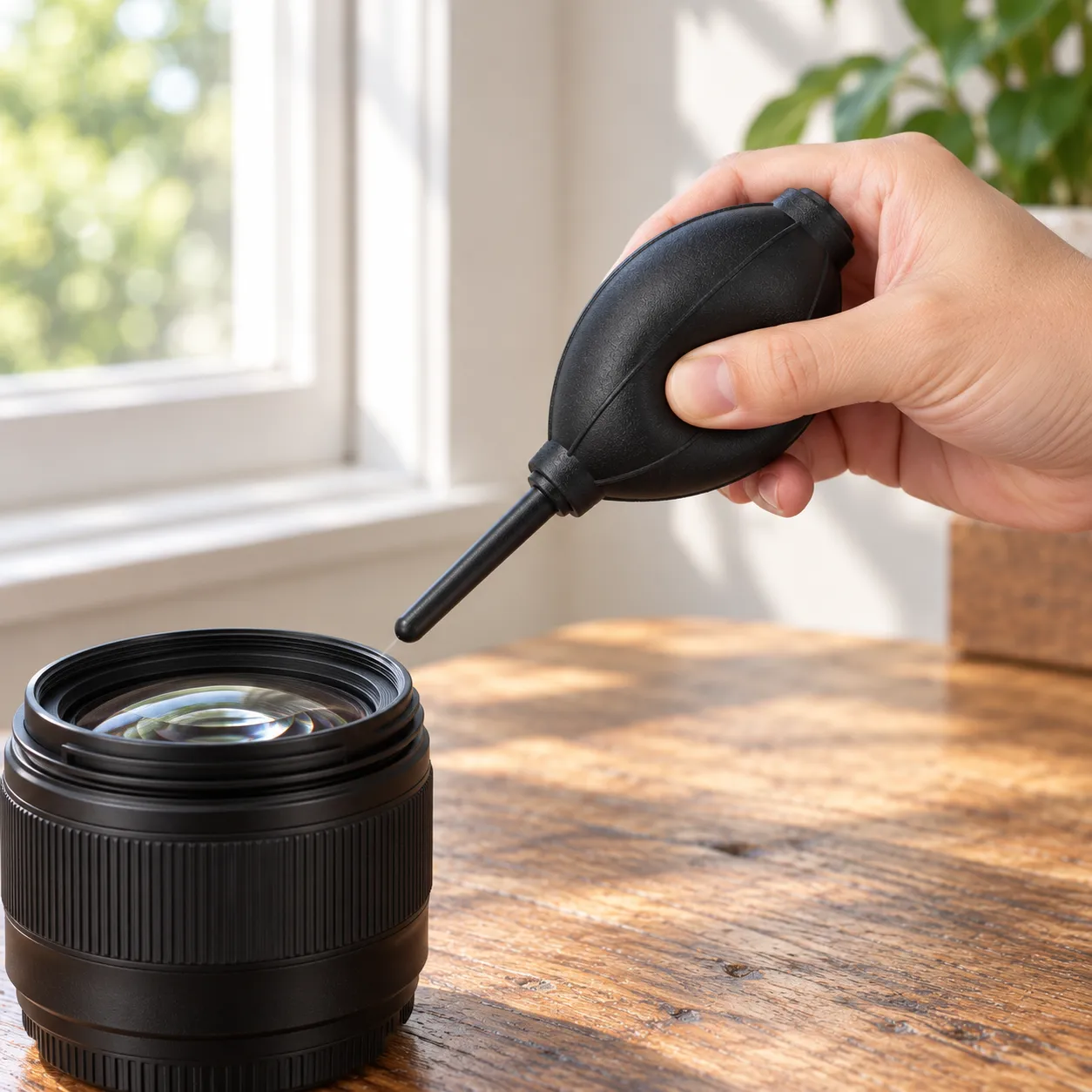 manual silicone camera air blower with long soft nozzle: use view; props not included