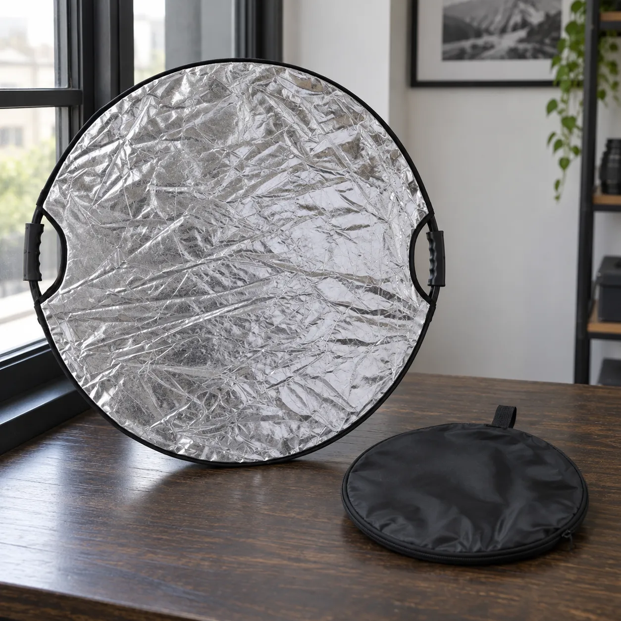 Silver face of one60cm reflector with two handles and its black pouch