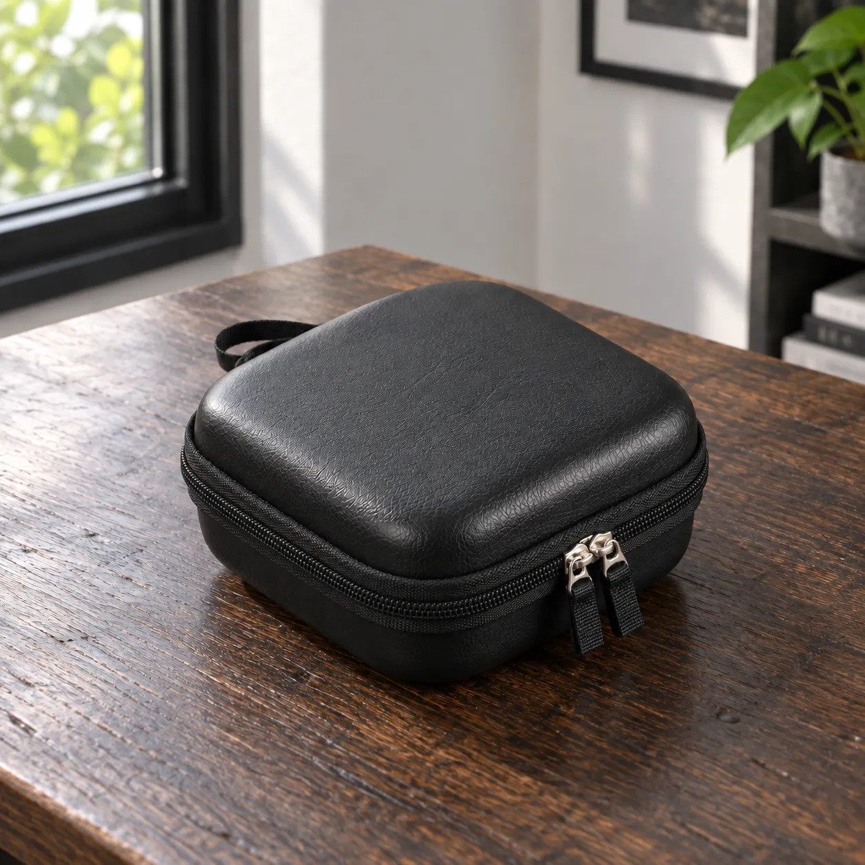 Closed black rounded filter case with woven zipper pulls