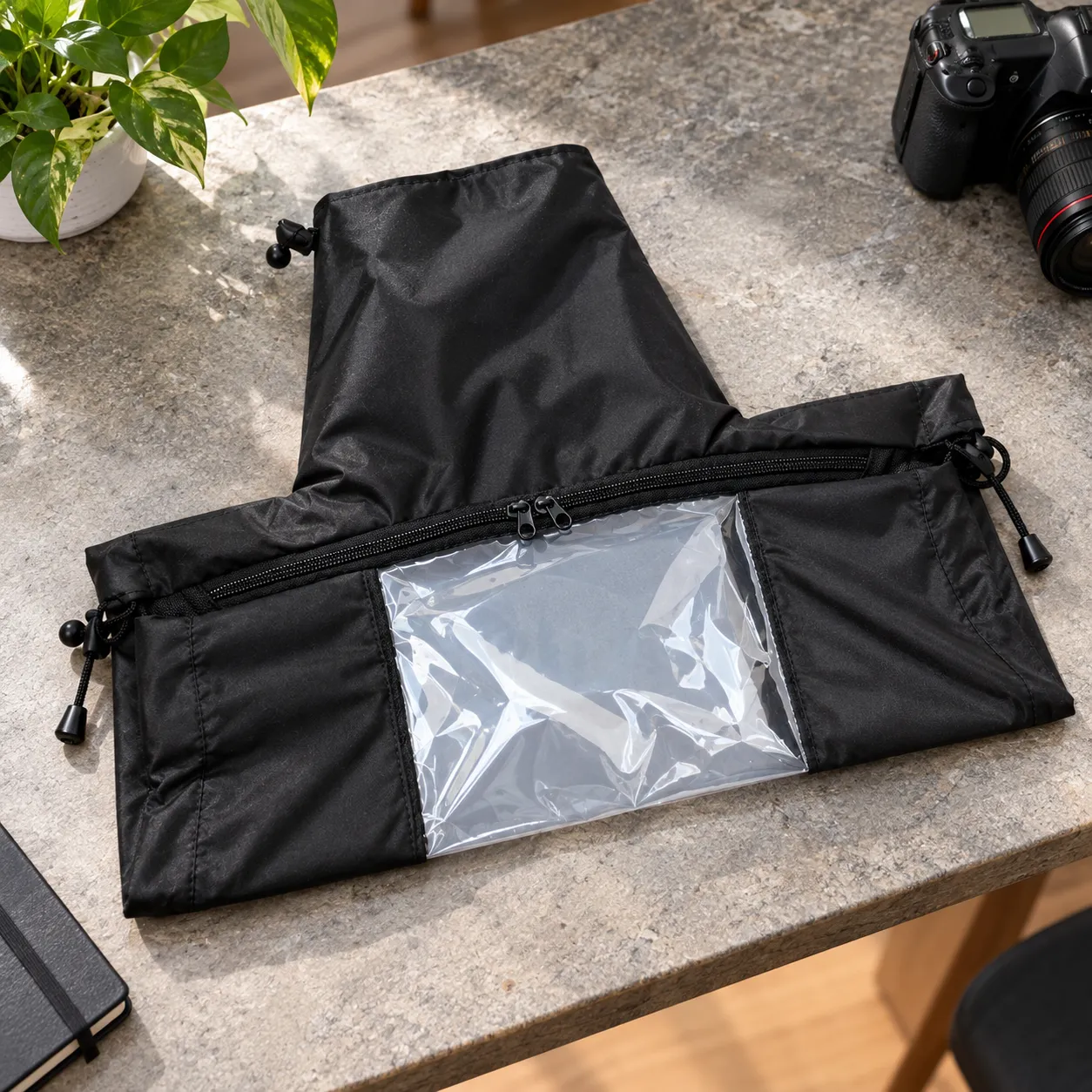 COOTO black camera rain cover: alternate view; props not included