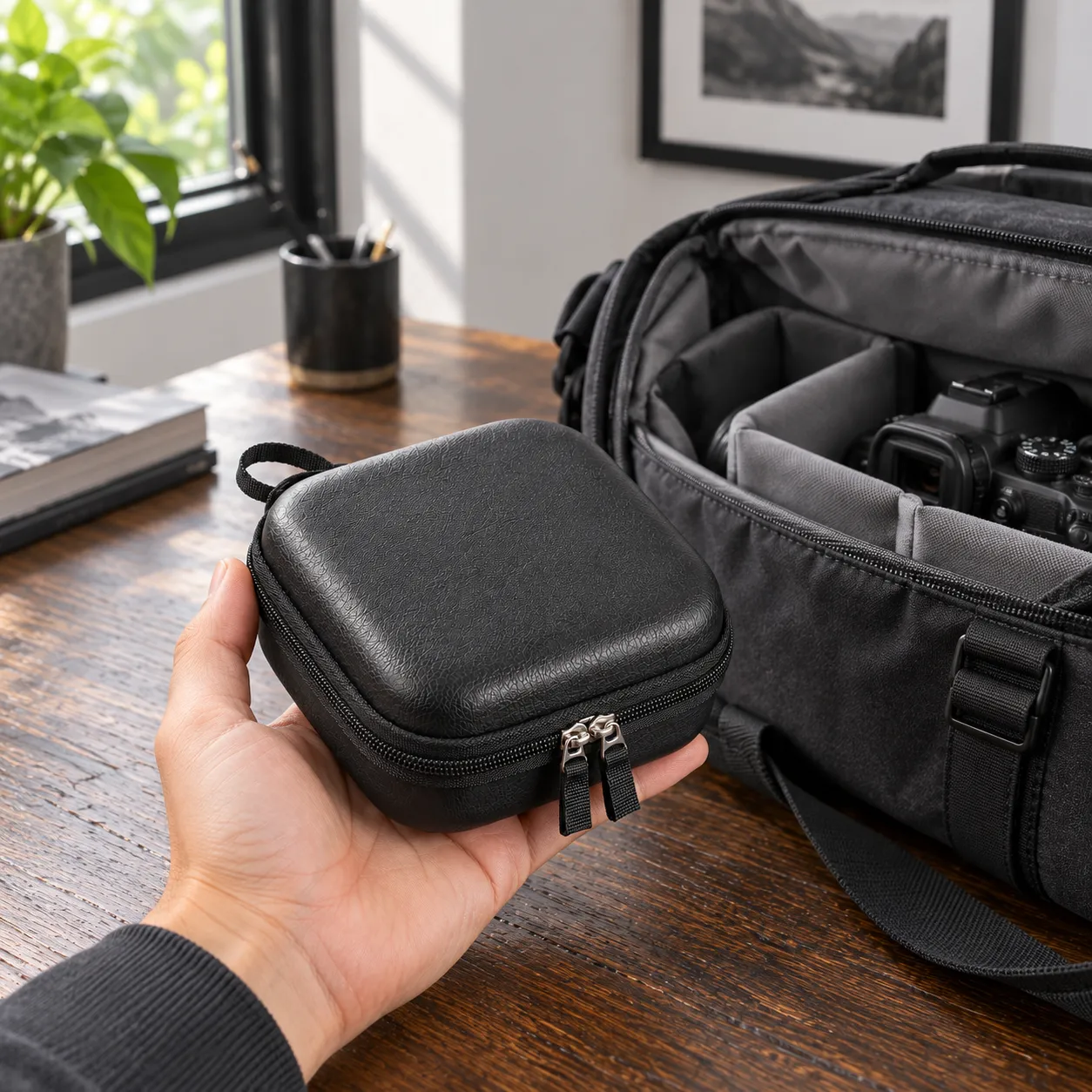 Filter case supported in an adult hand; camera bag and camera are not included
