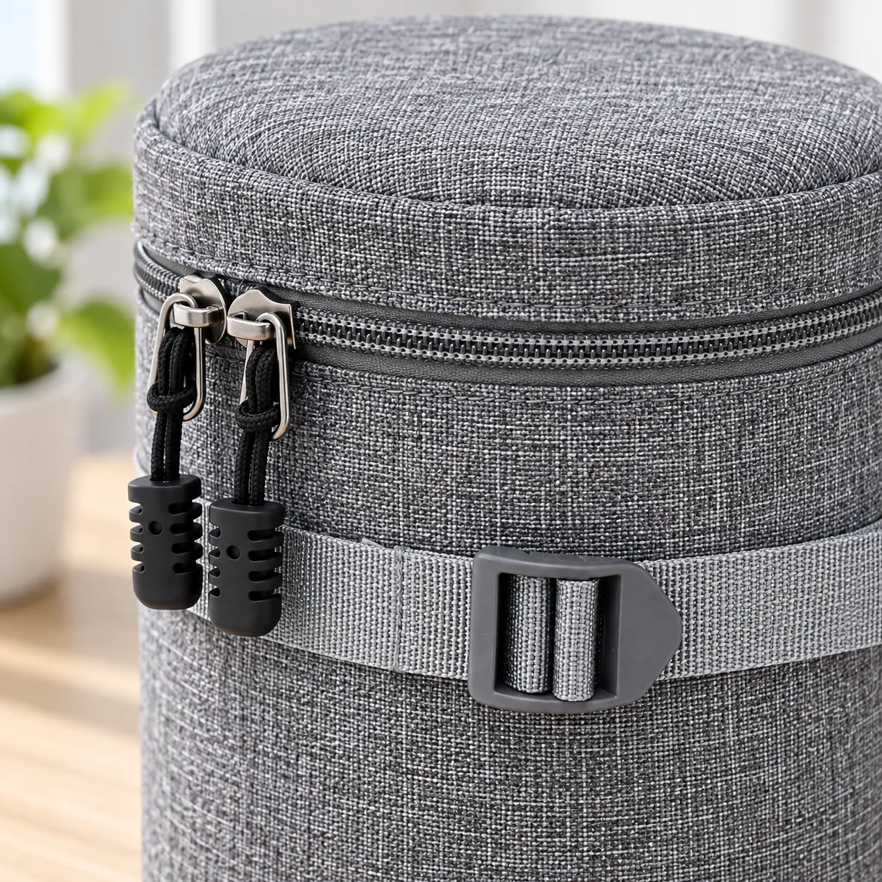 G125230 large gray cylindrical zippered lens case: detail view; props not included