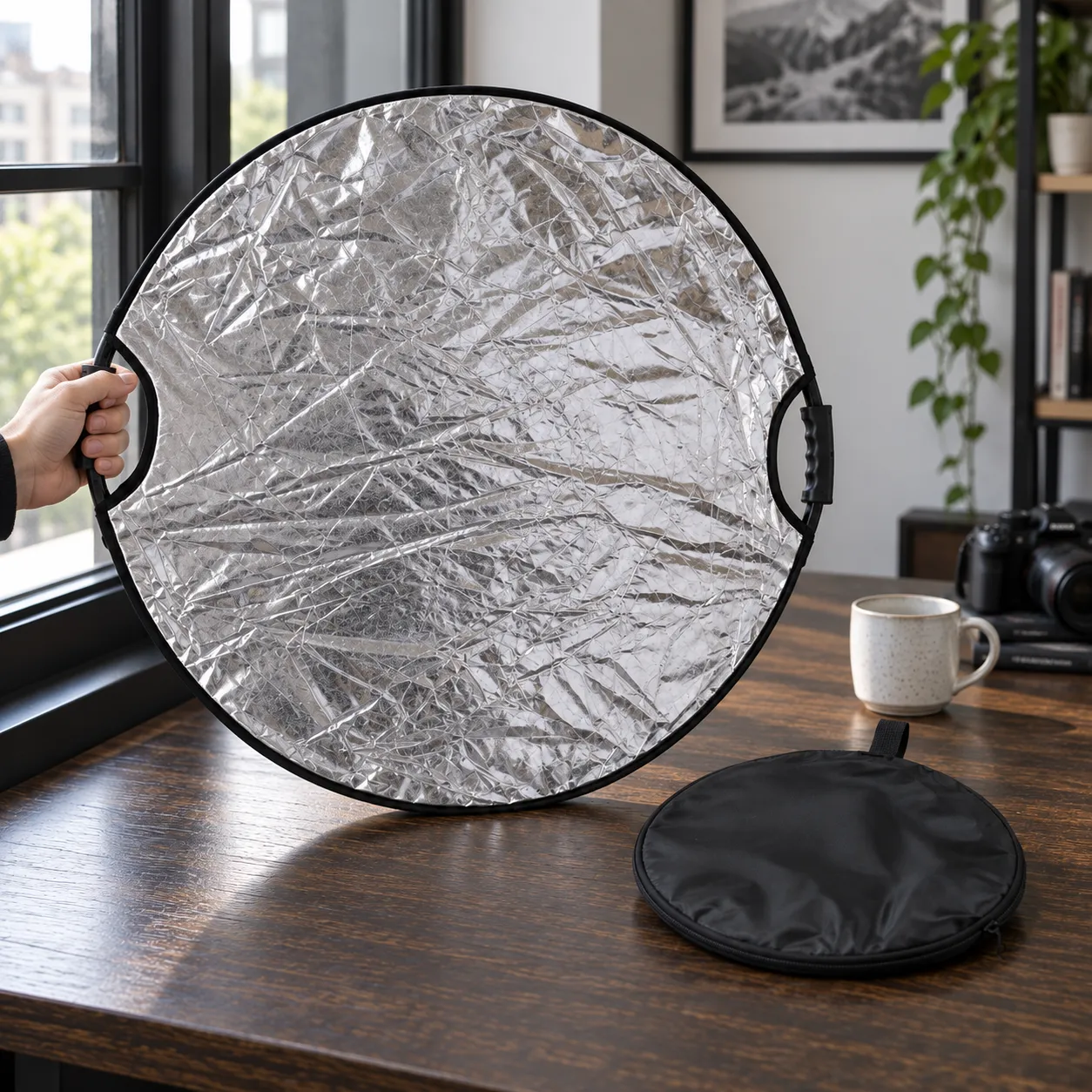 Hand holding the reflector grip beside a still-life setup; camera and cup are props