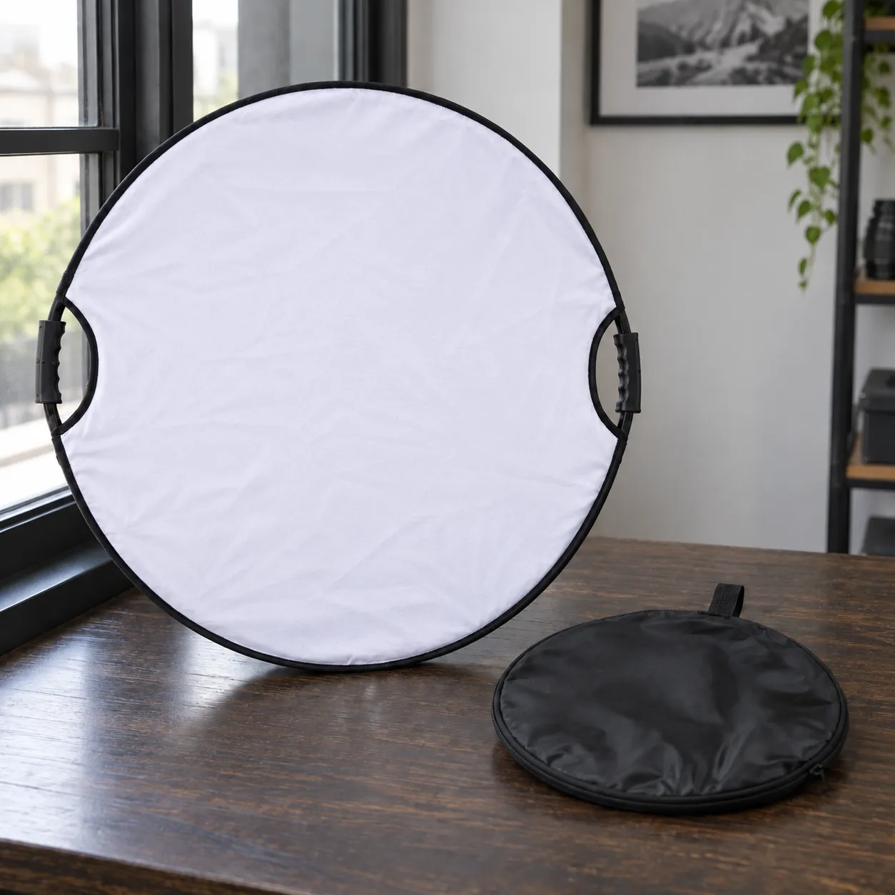 White reverse of the same reflector with its included round pouch