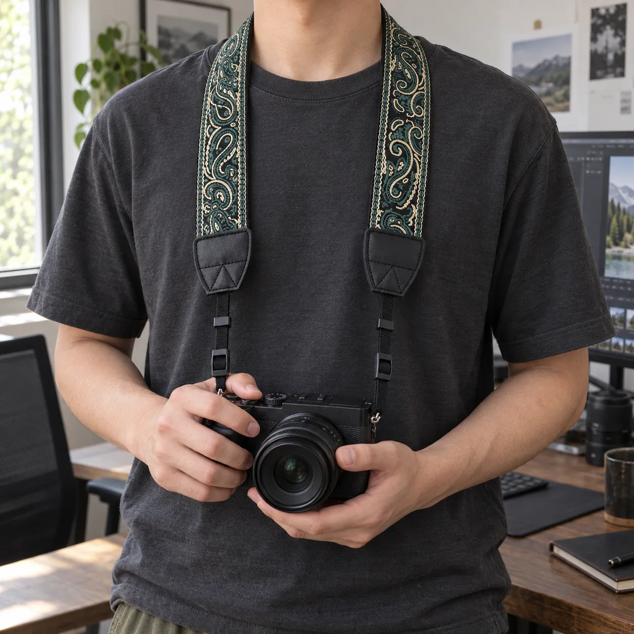 Camera strap worn on a cropped torso; the camera is not included