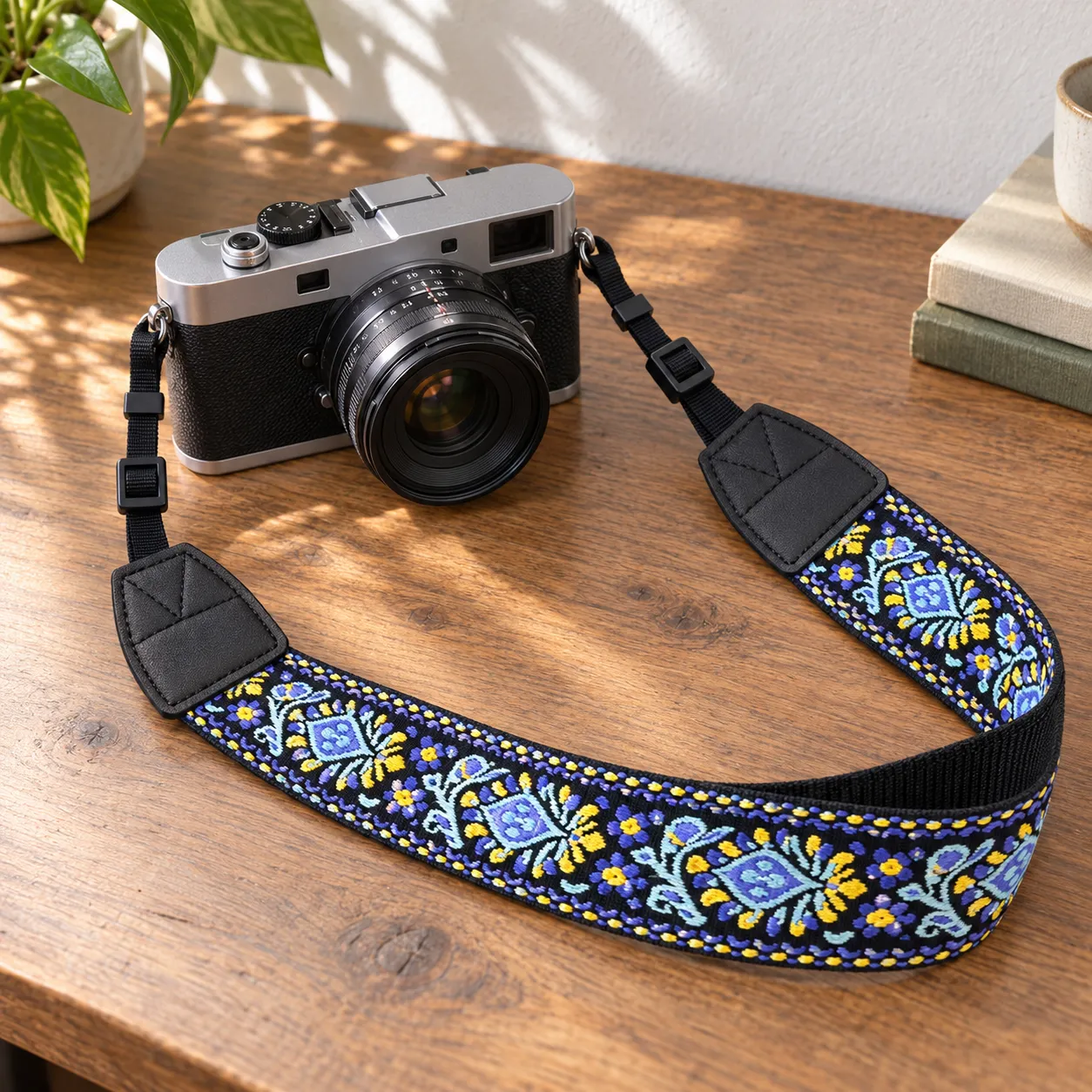 blue embroidered camera neck strap: use view; props not included