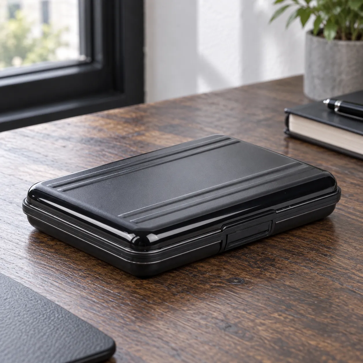 Closed black aluminum card case with central clasp