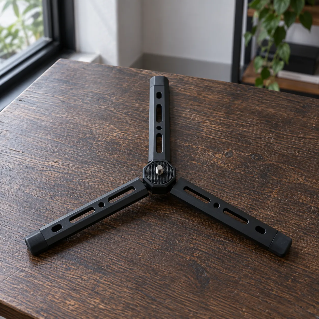Black three-legged tripod in its lowest spread position