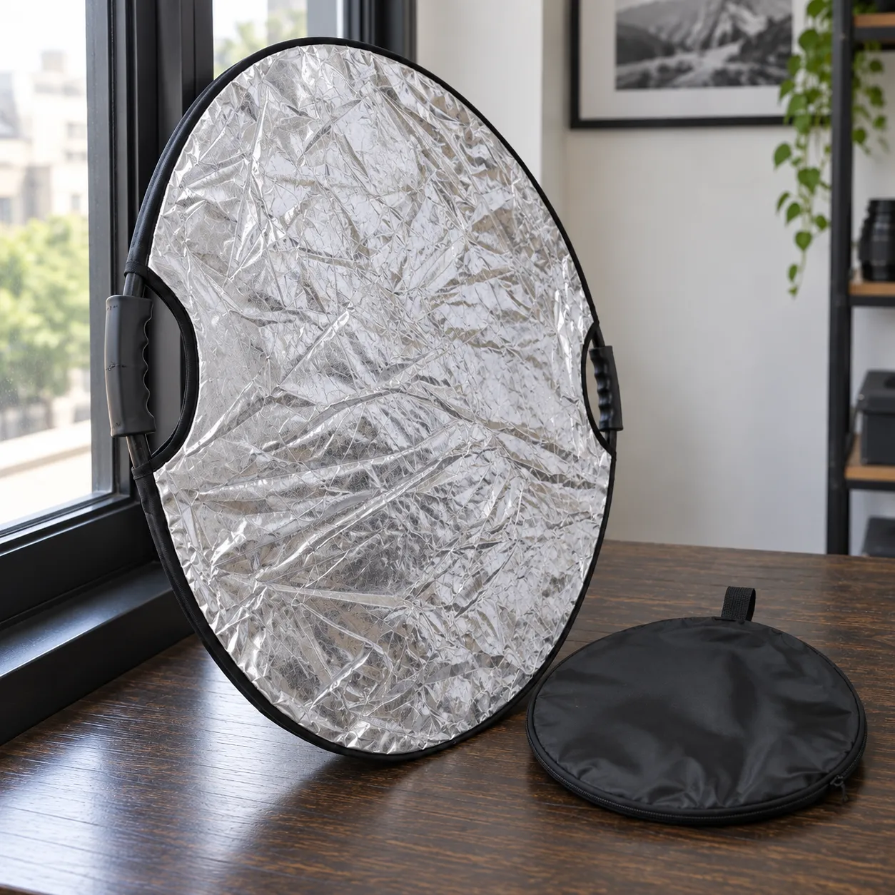 Oblique view of the reflector handle, black rim and silver textile