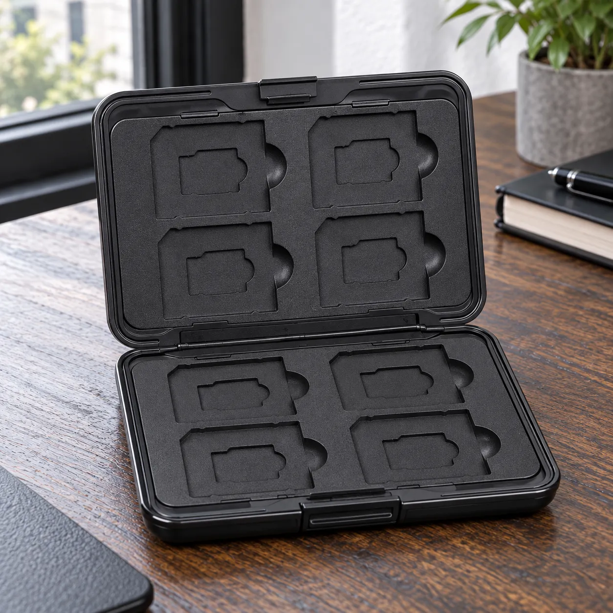 Open empty case with eight SD recesses and nested microSD positions