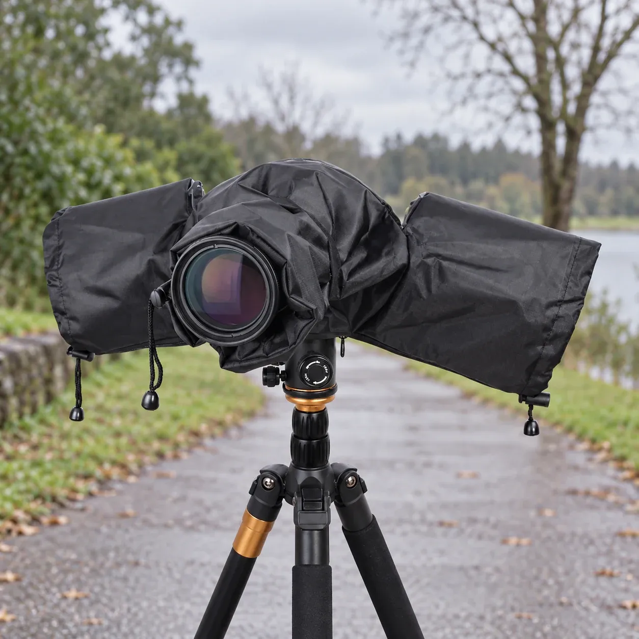 Short-lens cover on a camera outdoors; camera, lens and tripod are not included